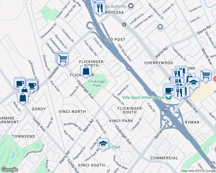 map of restaurants, bars, coffee shops, grocery stores, and more near 2102 Hounslow Drive in San Jose