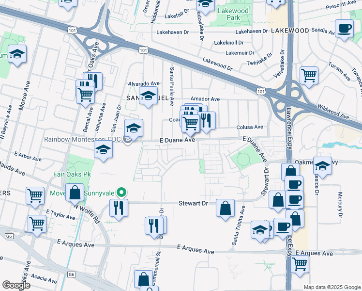 map of restaurants, bars, coffee shops, grocery stores, and more near 561 San Pasqual Terrace in Sunnyvale