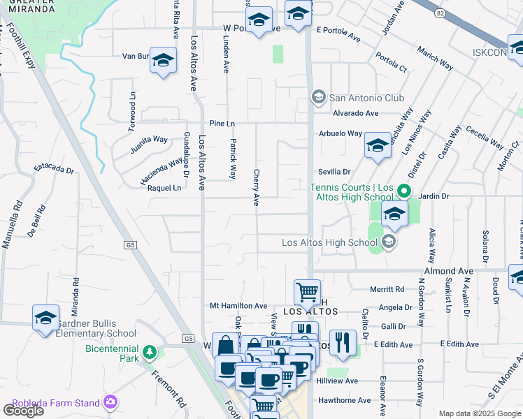map of restaurants, bars, coffee shops, grocery stores, and more near 100 Yerba Buena Avenue in Los Altos
