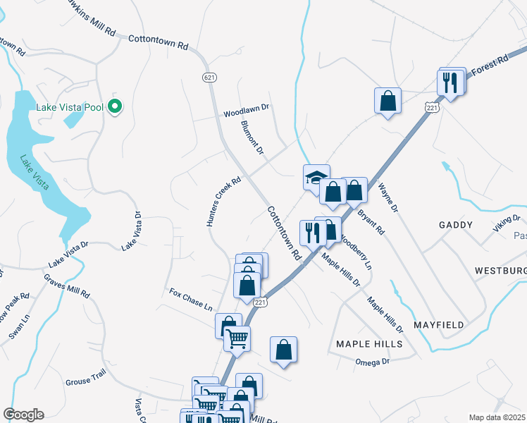 map of restaurants, bars, coffee shops, grocery stores, and more near 1230 State Route 621 in Forest