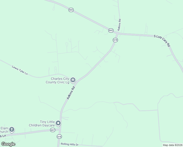 map of restaurants, bars, coffee shops, grocery stores, and more near 7410 Adkins Road in Charles City