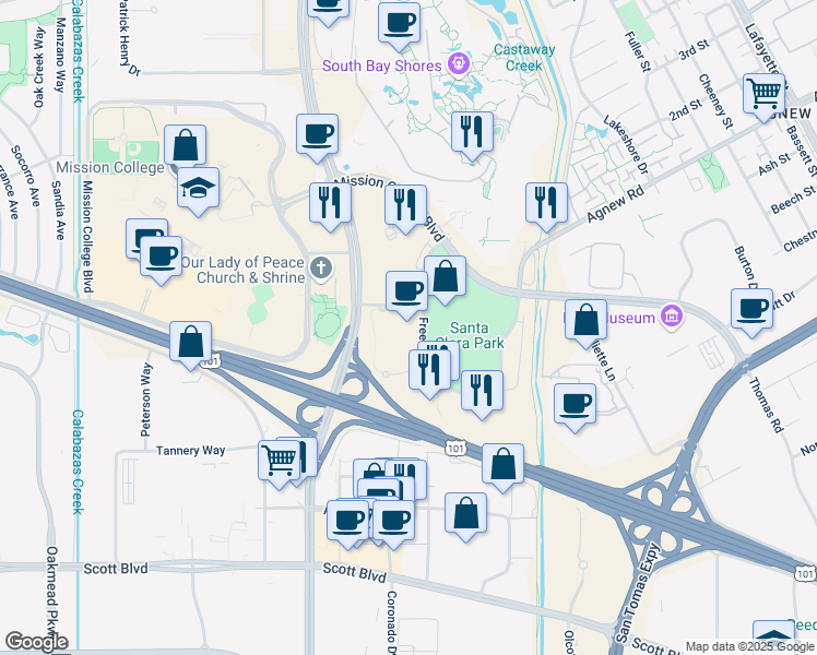 map of restaurants, bars, coffee shops, grocery stores, and more near 3979 Freedom Circle in Santa Clara