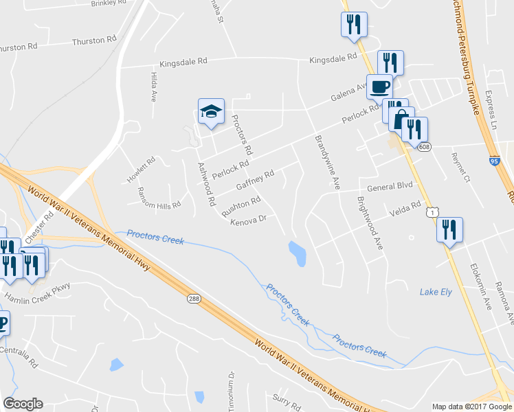 map of restaurants, bars, coffee shops, grocery stores, and more near 3007 Rushton Road in Richmond