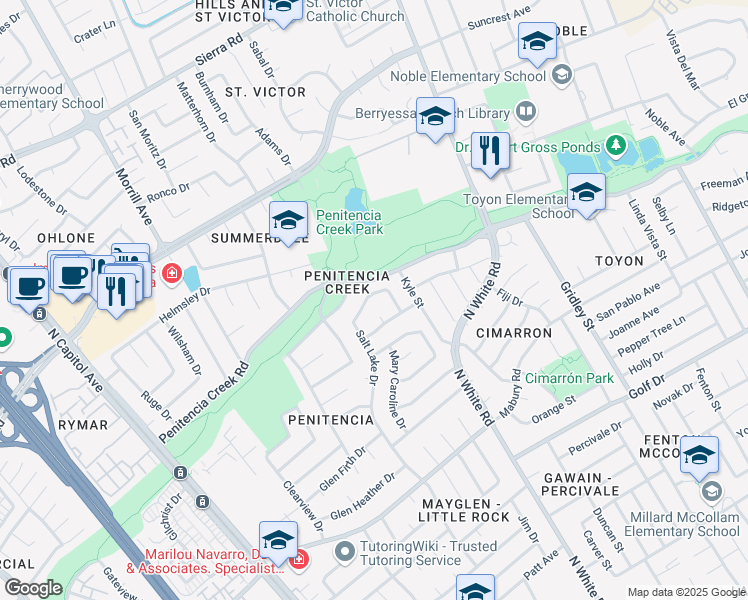 map of restaurants, bars, coffee shops, grocery stores, and more near 2932 Creek Point Drive in San Jose