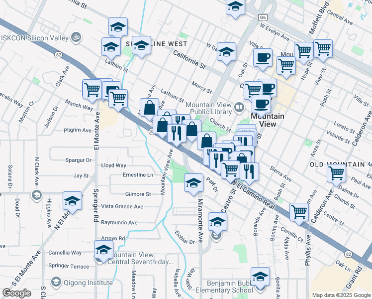map of restaurants, bars, coffee shops, grocery stores, and more near California 82 in Mountain View