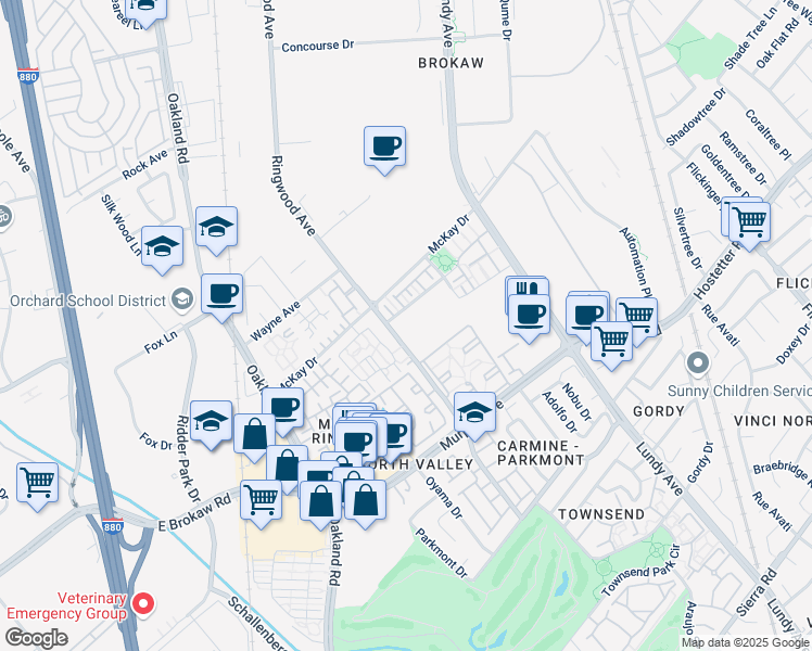 map of restaurants, bars, coffee shops, grocery stores, and more near 1715 Ringwood Avenue in San Jose