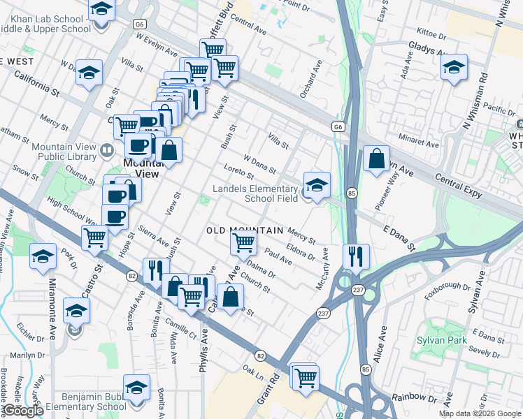map of restaurants, bars, coffee shops, grocery stores, and more near in Mountain View
