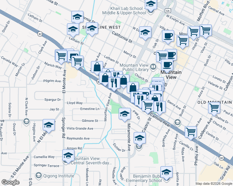 map of restaurants, bars, coffee shops, grocery stores, and more near 1205 West El Camino Real in Mountain View