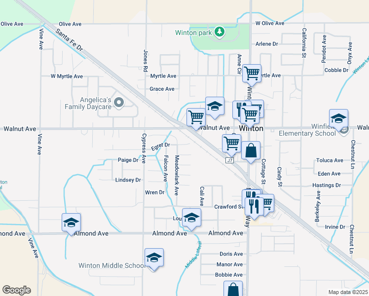map of restaurants, bars, coffee shops, grocery stores, and more near 6873 Meadowlark Avenue in Winton