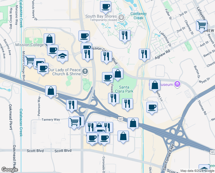 map of restaurants, bars, coffee shops, grocery stores, and more near 3979 Freedom Circle in Santa Clara