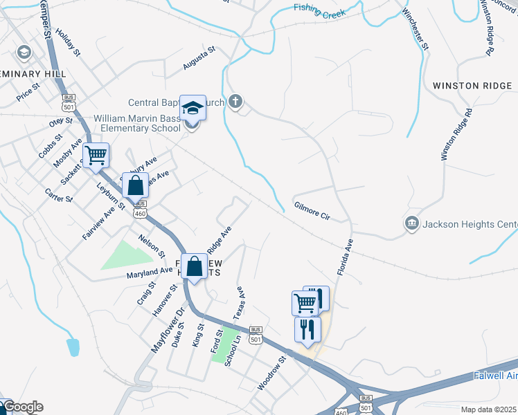 map of restaurants, bars, coffee shops, grocery stores, and more near 3210 Missouri Avenue in Lynchburg