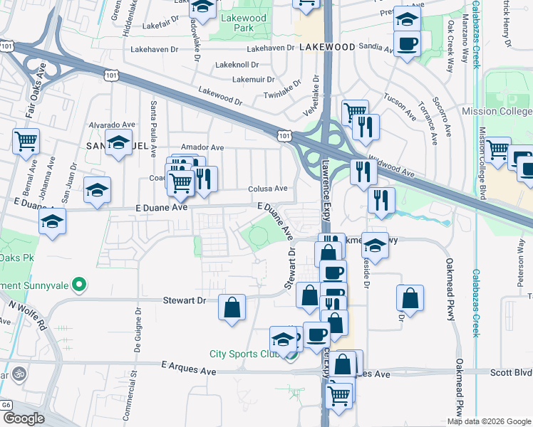 map of restaurants, bars, coffee shops, grocery stores, and more near 1070 Darwin Ter in Sunnyvale