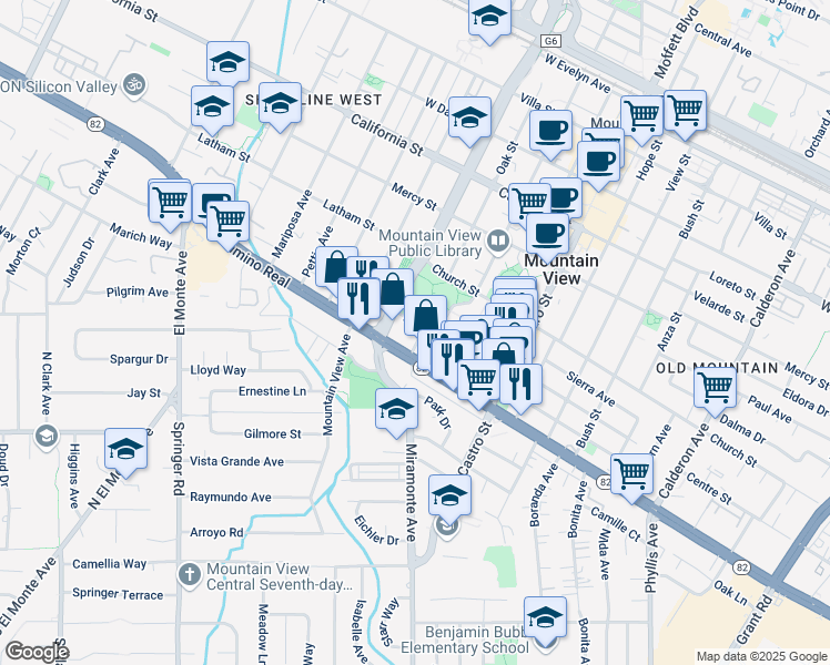 map of restaurants, bars, coffee shops, grocery stores, and more near 1066 California 82 in Mountain View