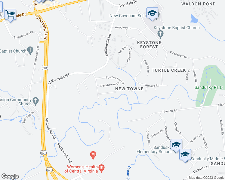 map of restaurants, bars, coffee shops, grocery stores, and more near 436 Three Creeks Court in Lynchburg