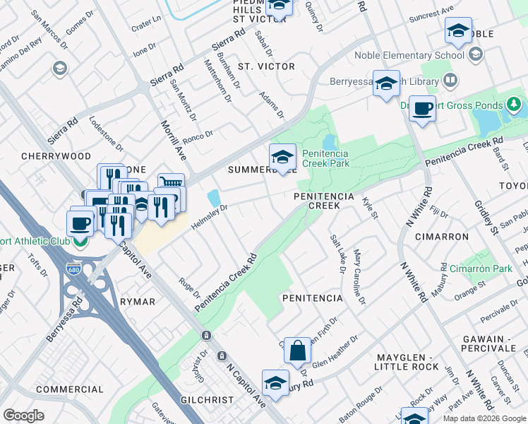 map of restaurants, bars, coffee shops, grocery stores, and more near 1047 Summerwood Court in San Jose
