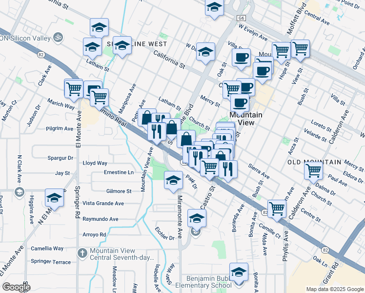 map of restaurants, bars, coffee shops, grocery stores, and more near 1066 California 82 in Mountain View
