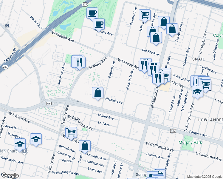 map of restaurants, bars, coffee shops, grocery stores, and more near 348 Potrero Ave in Sunnyvale