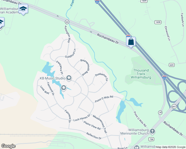 map of restaurants, bars, coffee shops, grocery stores, and more near 4016 Dunbarton Circle in Williamsburg