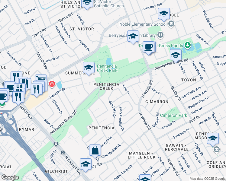 map of restaurants, bars, coffee shops, grocery stores, and more near Creek Point Drive in San Jose