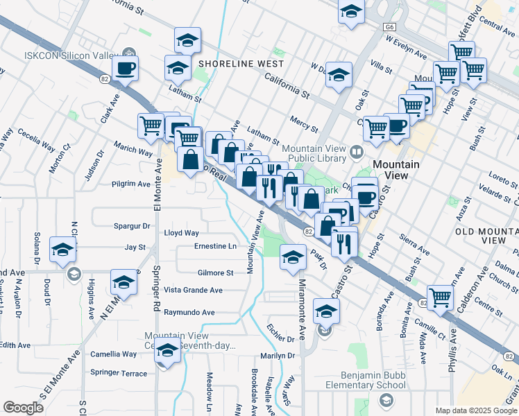 map of restaurants, bars, coffee shops, grocery stores, and more near 914 Mountain View Avenue in Mountain View