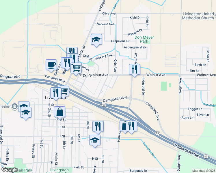 map of restaurants, bars, coffee shops, grocery stores, and more near Yagi Street in Livingston