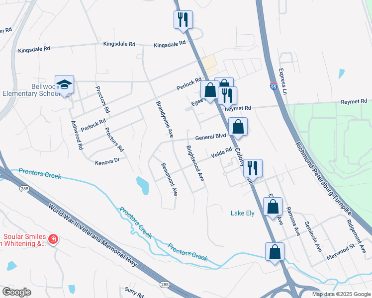 map of restaurants, bars, coffee shops, grocery stores, and more near 10000 Brightwood Avenue in Richmond
