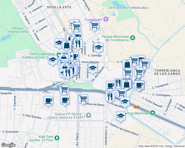 map of restaurants, bars, coffee shops, grocery stores, and more near Avenida del Deporte in Sevilla