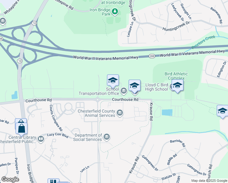 map of restaurants, bars, coffee shops, grocery stores, and more near 10001 Courthouse Road in Chesterfield