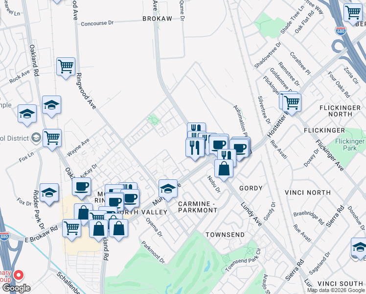 map of restaurants, bars, coffee shops, grocery stores, and more near 1735 Lundy Avenue in San Jose