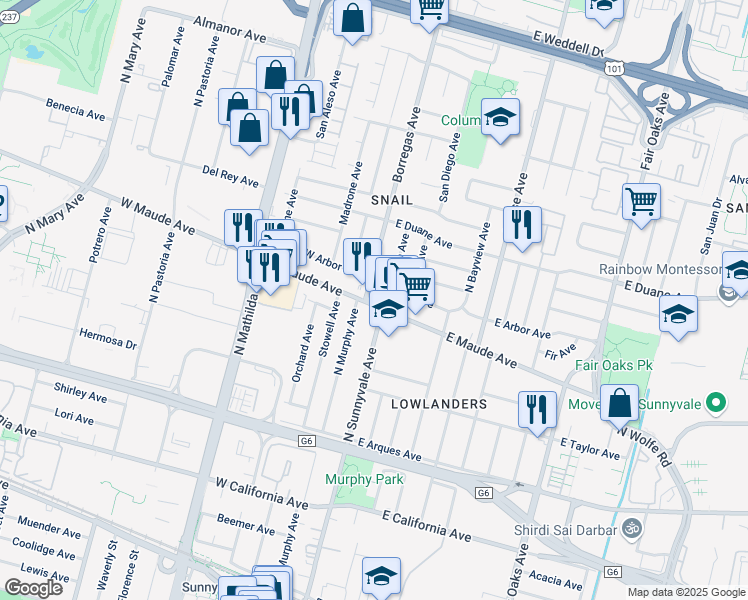 map of restaurants, bars, coffee shops, grocery stores, and more near 433 North Sunnyvale Avenue in Sunnyvale