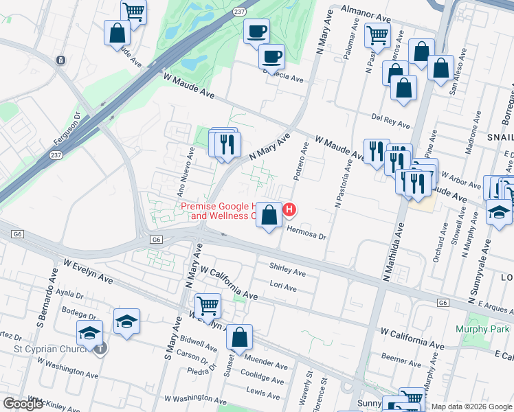 map of restaurants, bars, coffee shops, grocery stores, and more near 909 Hermosa Court in Sunnyvale