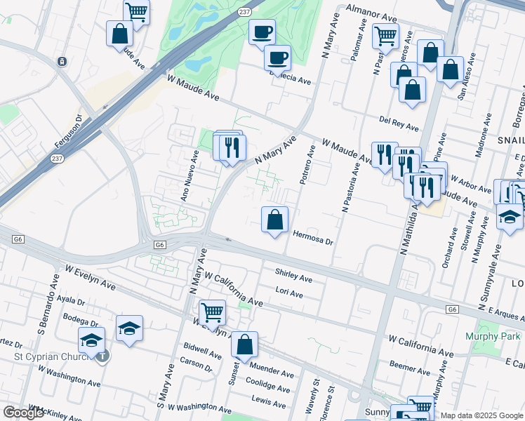 map of restaurants, bars, coffee shops, grocery stores, and more near 909 Hermosa Court in Sunnyvale