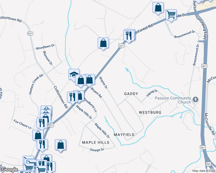 map of restaurants, bars, coffee shops, grocery stores, and more near 109 Wayne Drive in Lynchburg