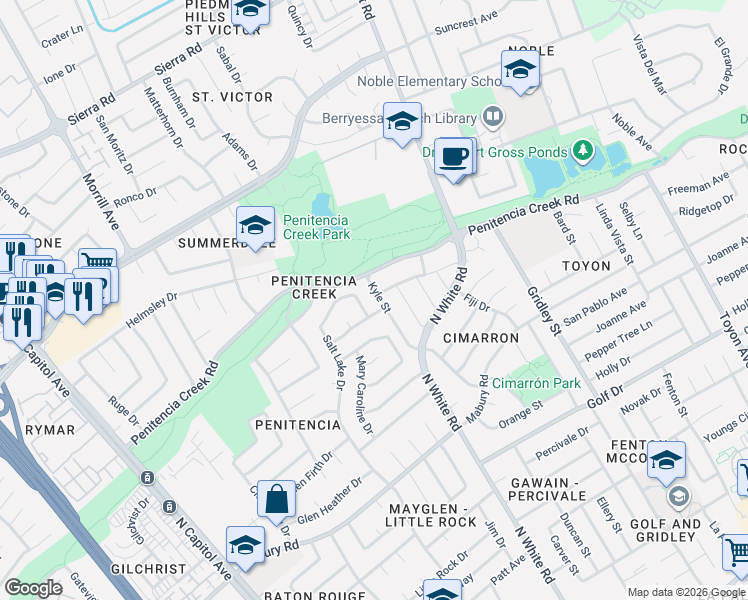map of restaurants, bars, coffee shops, grocery stores, and more near 2964 Creek Point Drive in San Jose