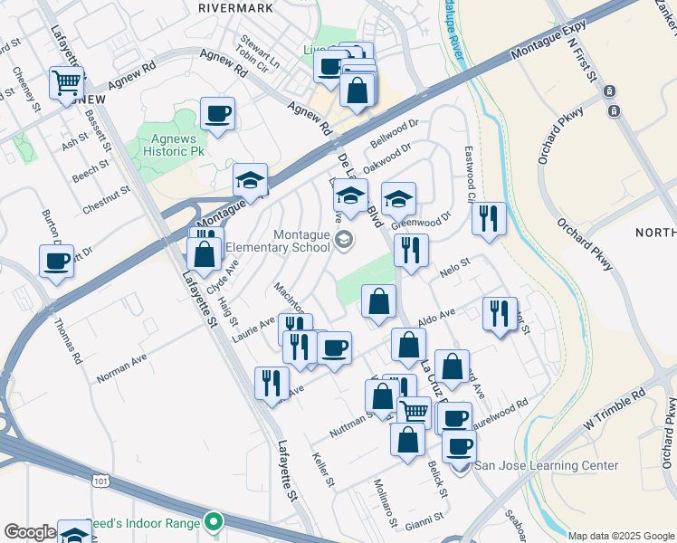 map of restaurants, bars, coffee shops, grocery stores, and more near 3610 MacGregor Lane in Santa Clara