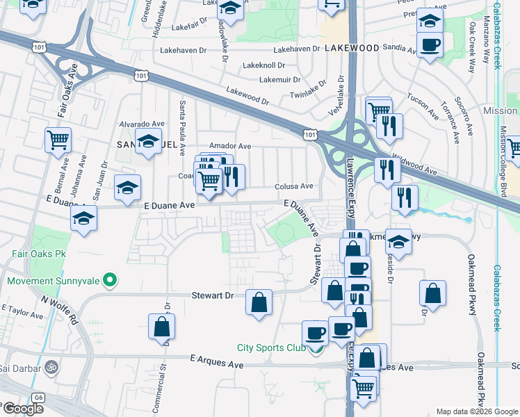 map of restaurants, bars, coffee shops, grocery stores, and more near 984 Crestline Terrace in Sunnyvale