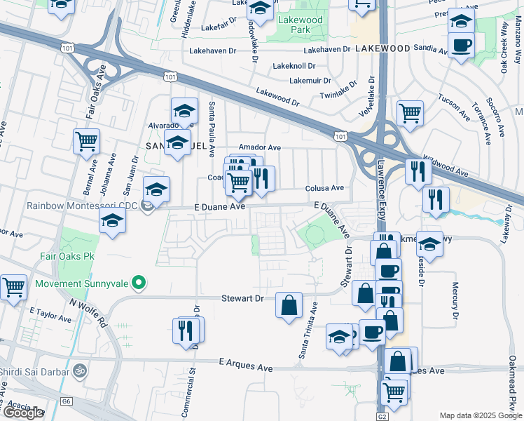 map of restaurants, bars, coffee shops, grocery stores, and more near 577 San Rivera Terrace in Sunnyvale