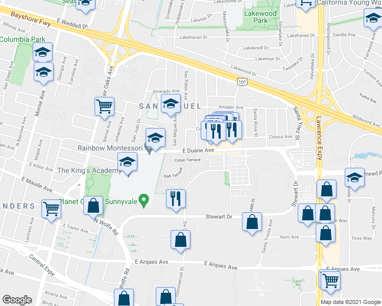 map of restaurants, bars, coffee shops, grocery stores, and more near 560 Galt Terrace in Sunnyvale