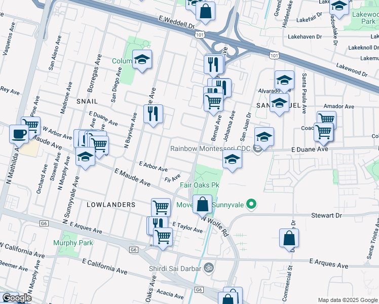 map of restaurants, bars, coffee shops, grocery stores, and more near 596 Balsam Avenue in Sunnyvale