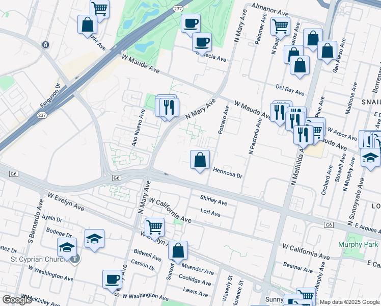 map of restaurants, bars, coffee shops, grocery stores, and more near 909 Hermosa Court in Sunnyvale
