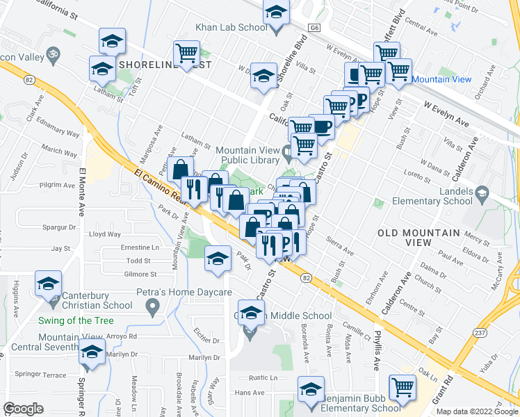 map of restaurants, bars, coffee shops, grocery stores, and more near 953 High School Way in Mountain View