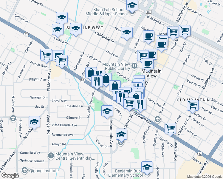 map of restaurants, bars, coffee shops, grocery stores, and more near 1066 California 82 in Mountain View