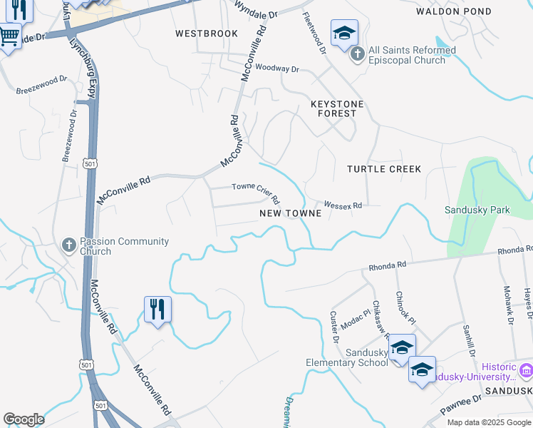 map of restaurants, bars, coffee shops, grocery stores, and more near 449 Three Creeks Court in Lynchburg