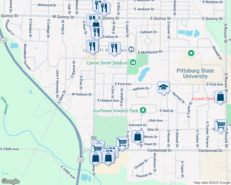 map of restaurants, bars, coffee shops, grocery stores, and more near 1923 South Elm Street in Pittsburg