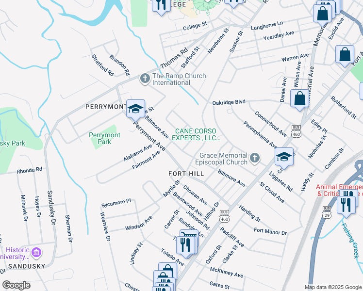 map of restaurants, bars, coffee shops, grocery stores, and more near 608 Biltmore Avenue in Lynchburg