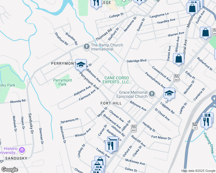 map of restaurants, bars, coffee shops, grocery stores, and more near 608 Biltmore Avenue in Lynchburg