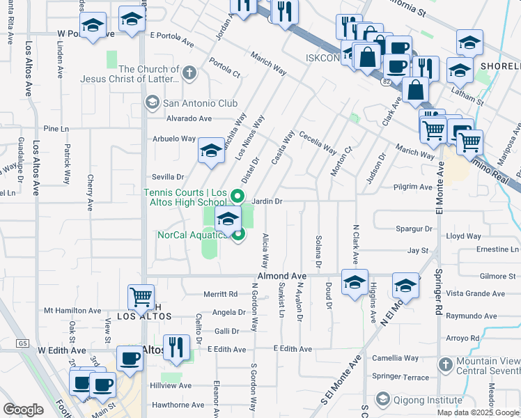 map of restaurants, bars, coffee shops, grocery stores, and more near 376 Alicia Way in Los Altos