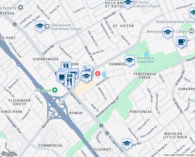 map of restaurants, bars, coffee shops, grocery stores, and more near 1134 Summerpark Court in San Jose