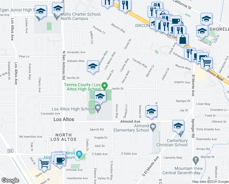 map of restaurants, bars, coffee shops, grocery stores, and more near 376 Alicia Way in Los Altos