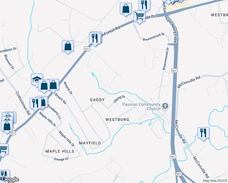 map of restaurants, bars, coffee shops, grocery stores, and more near 207 Creekview Court in Lynchburg